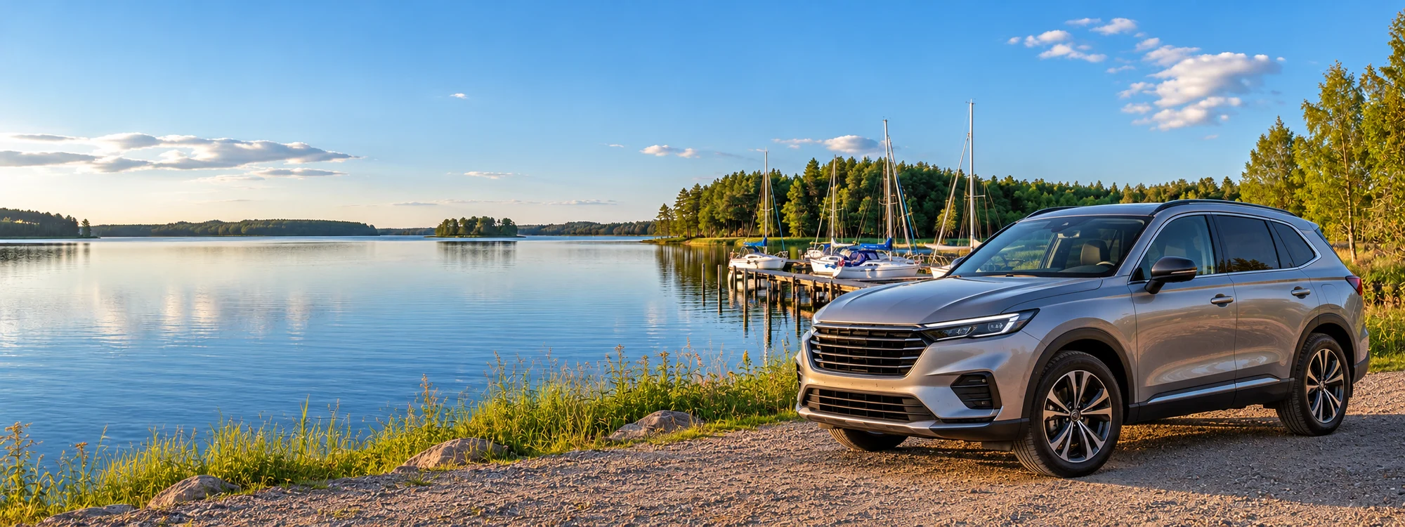 Wizualizacja: srebrny SUV nad jeziorem z przystanią